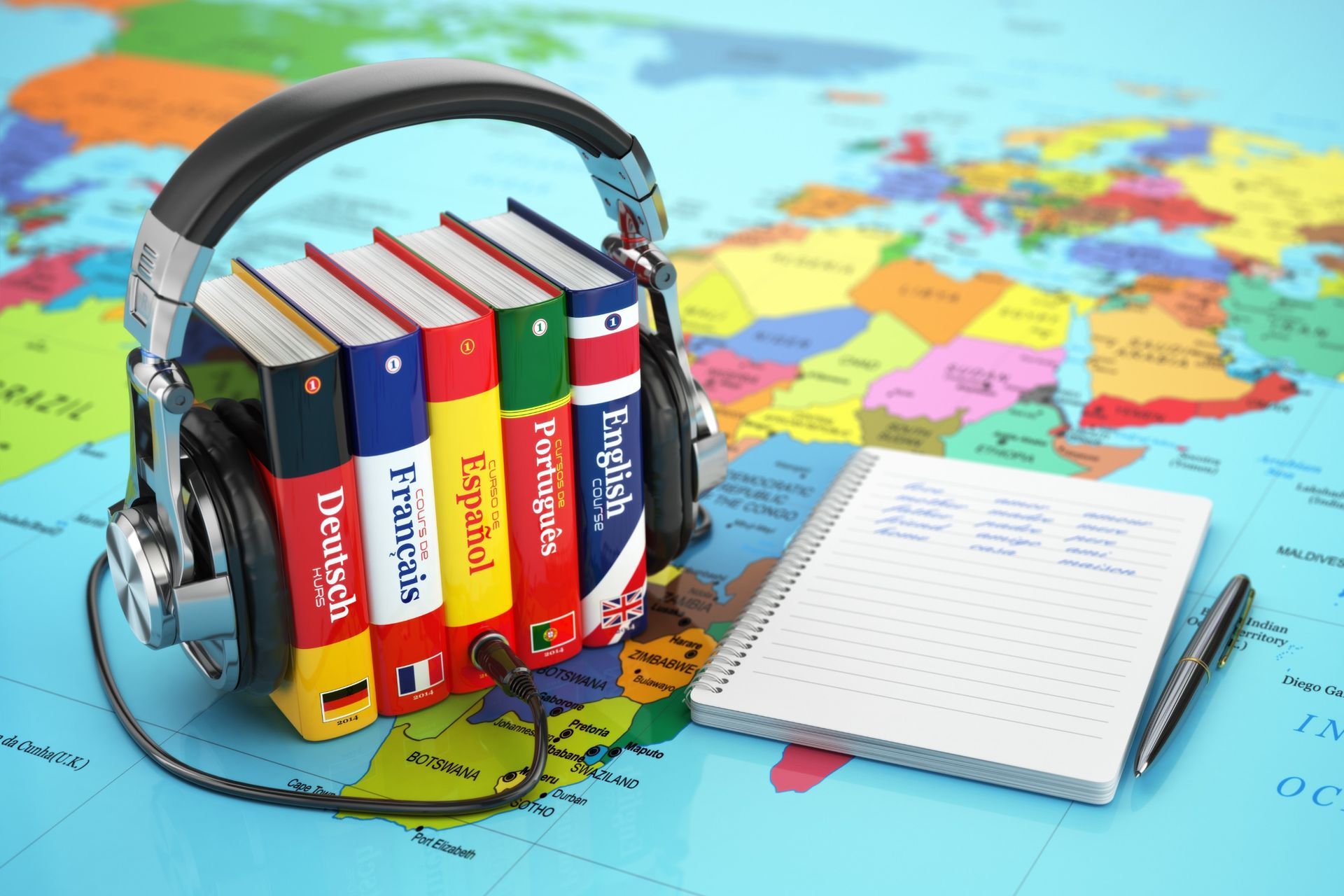 Auriculares sobre libros, mapa del mundo de fondo; concepto de aprendizaje de idiomas.