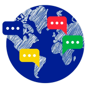 Globo azul con un mapa blanco garabateado y cuatro burbujas de diálogo en rojo, verde, amarillo y azul, cada una con tres puntos blancos, que representan la comunicación global.