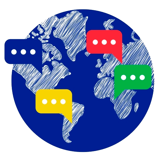 Globo azul con un mapa blanco garabateado y cuatro burbujas de diálogo en rojo, verde, amarillo y azul, cada una con tres puntos blancos, que representan la comunicación global.