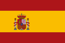 Bandera de España: Tres franjas horizontales, rojo-amarillo-rojo, con el escudo de España a la izquierda.