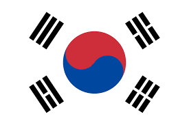 Bandera de Corea del Sur: campo blanco con un símbolo central del yin-yang en rojo y azul, y cuatro trigramas negros.