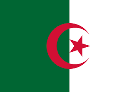 Bandera de Argelia: mitades verticales verdes y blancas; luna creciente roja y estrella centradas.