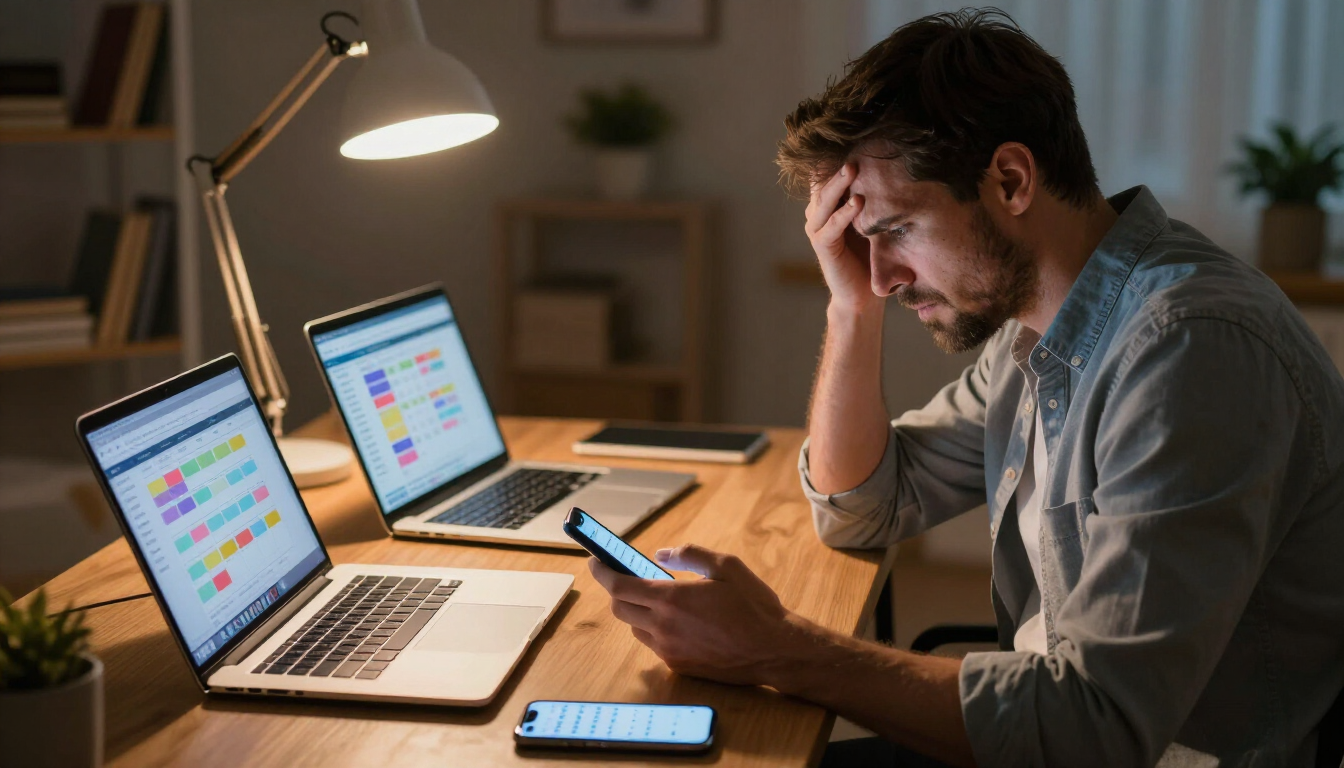 A stressed host managing multiple rental calendars