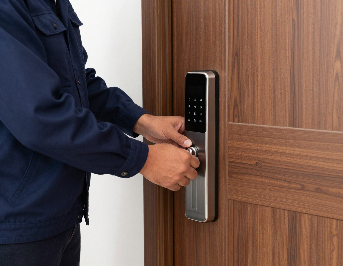 Professional handyman fixing smart lock