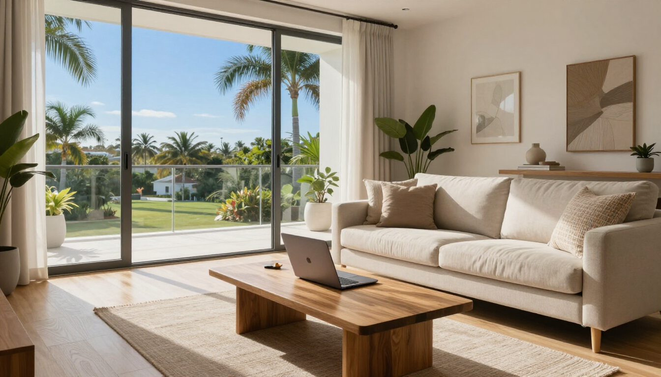 Modern Florida rental living space with workstation