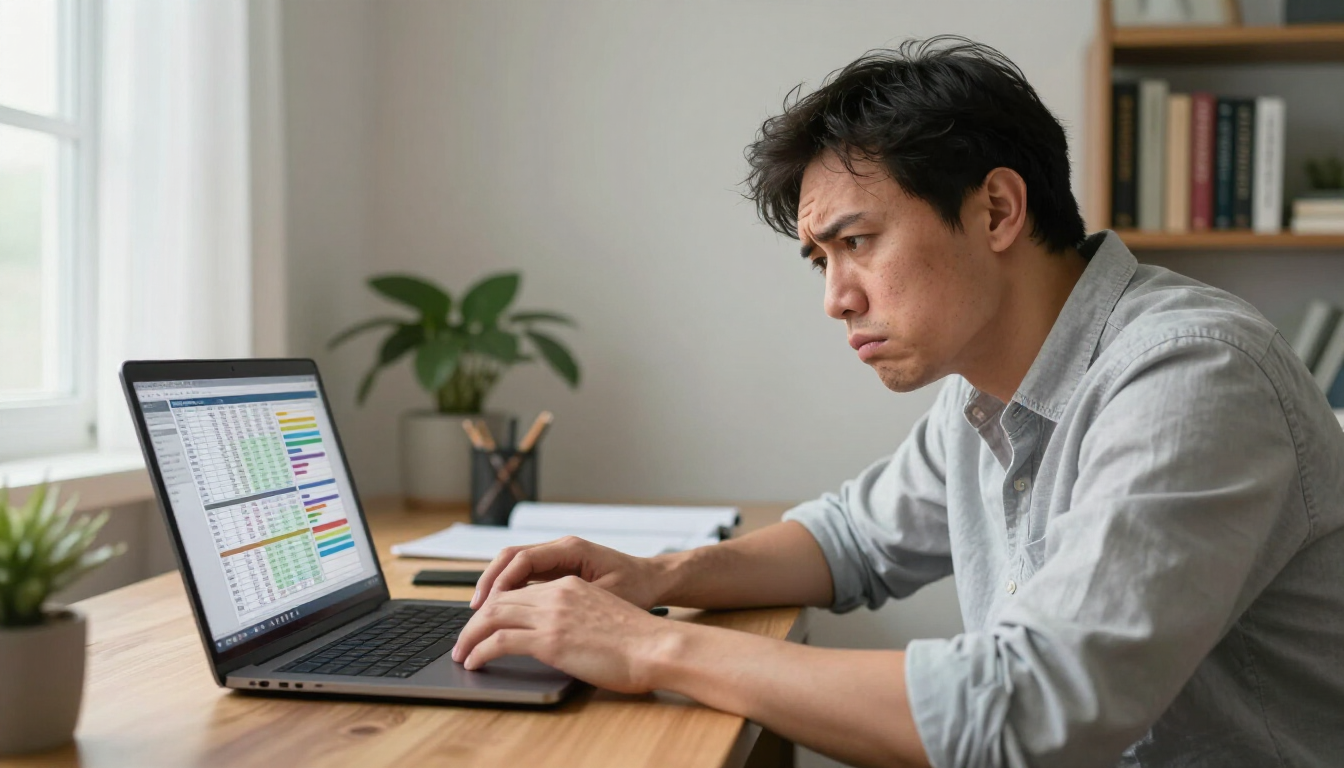 photorealistic exhausted property owner looking at a laptop with many spreadsheets in a home office