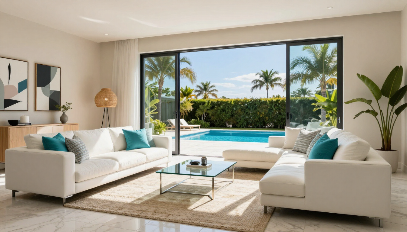 photorealistic luxurious modern living room in a vacation rental with pool view through glass doors