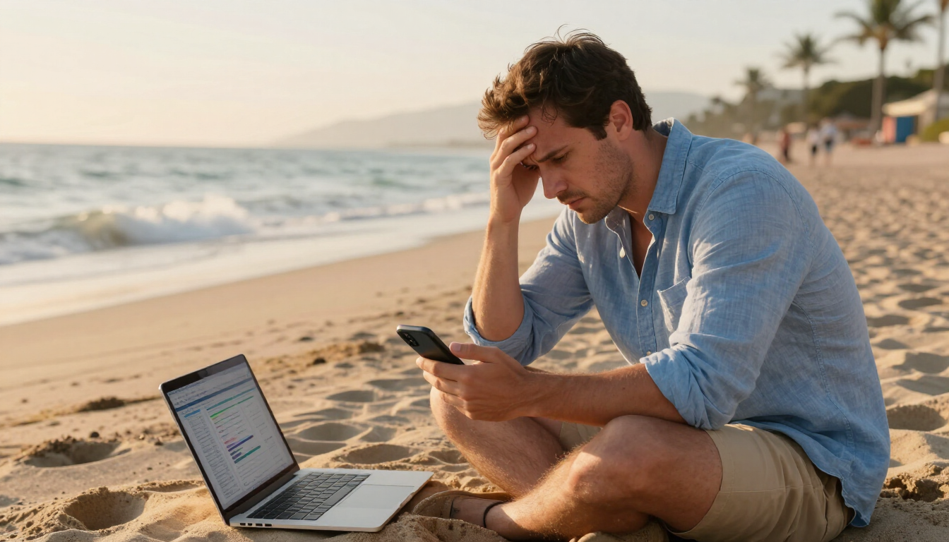 Stressed vacation rental owner checking phone messages