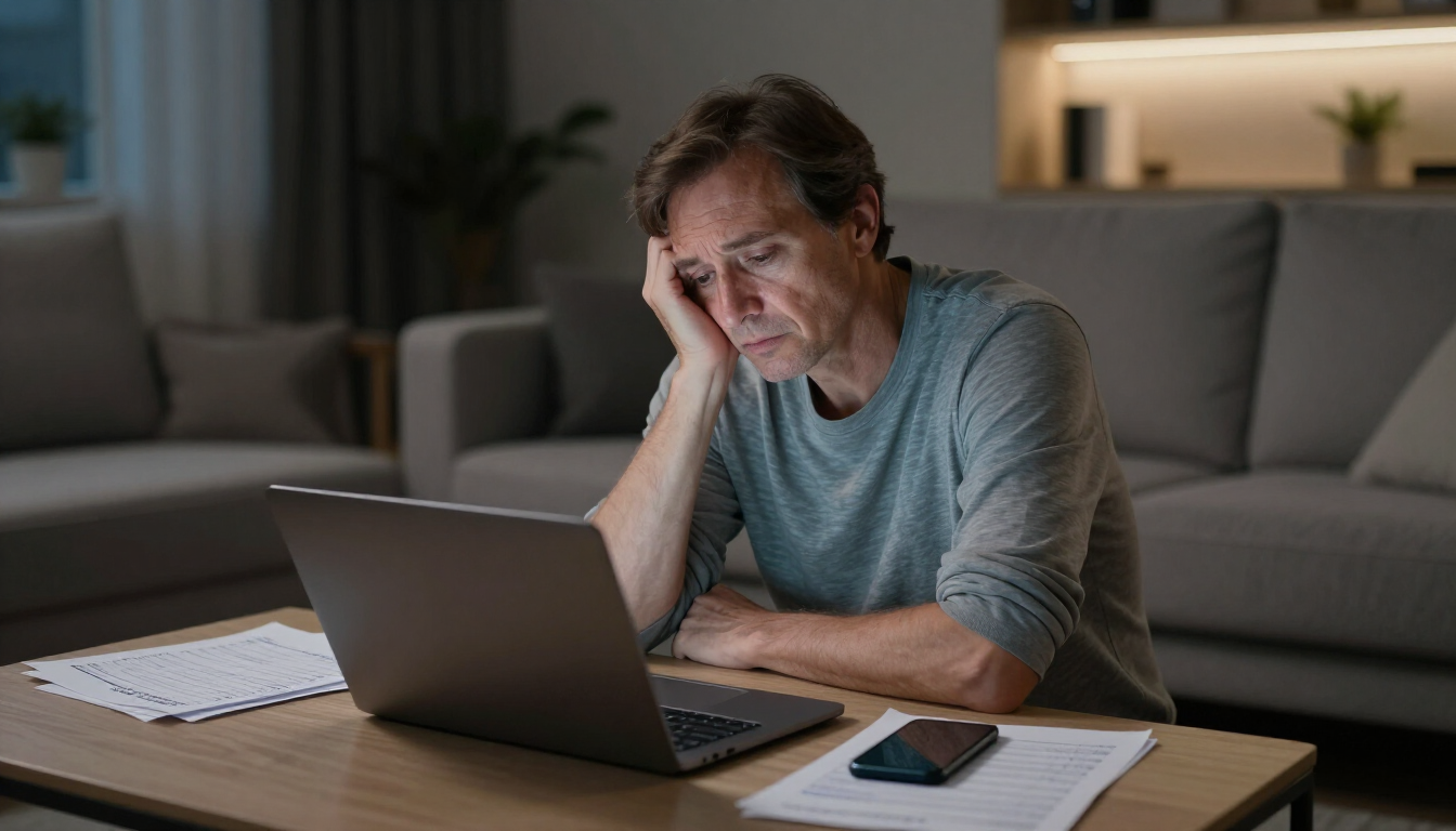 A stressed vacation rental owner managing guest bookings at night