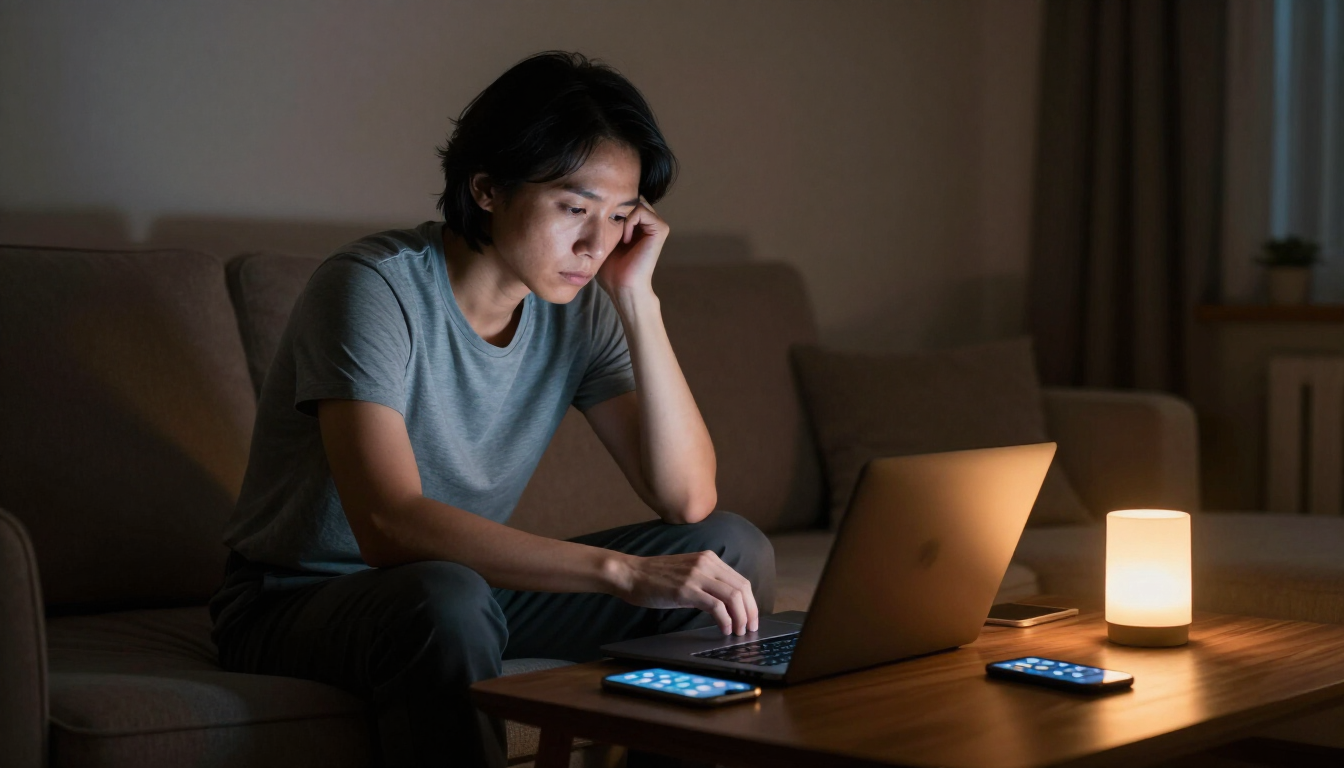 Tired owner managing property at night
