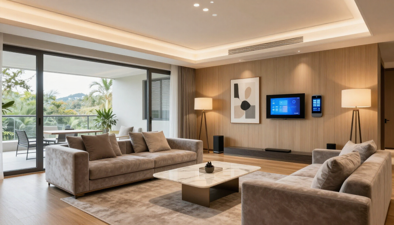 Modern luxury short term rental interior with smart home technology symbols