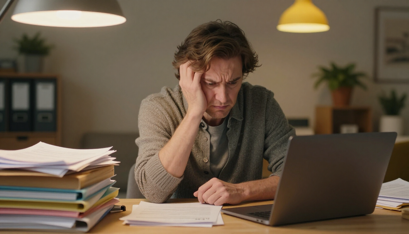 A stressed short term rental owner managing bookings on a laptop.