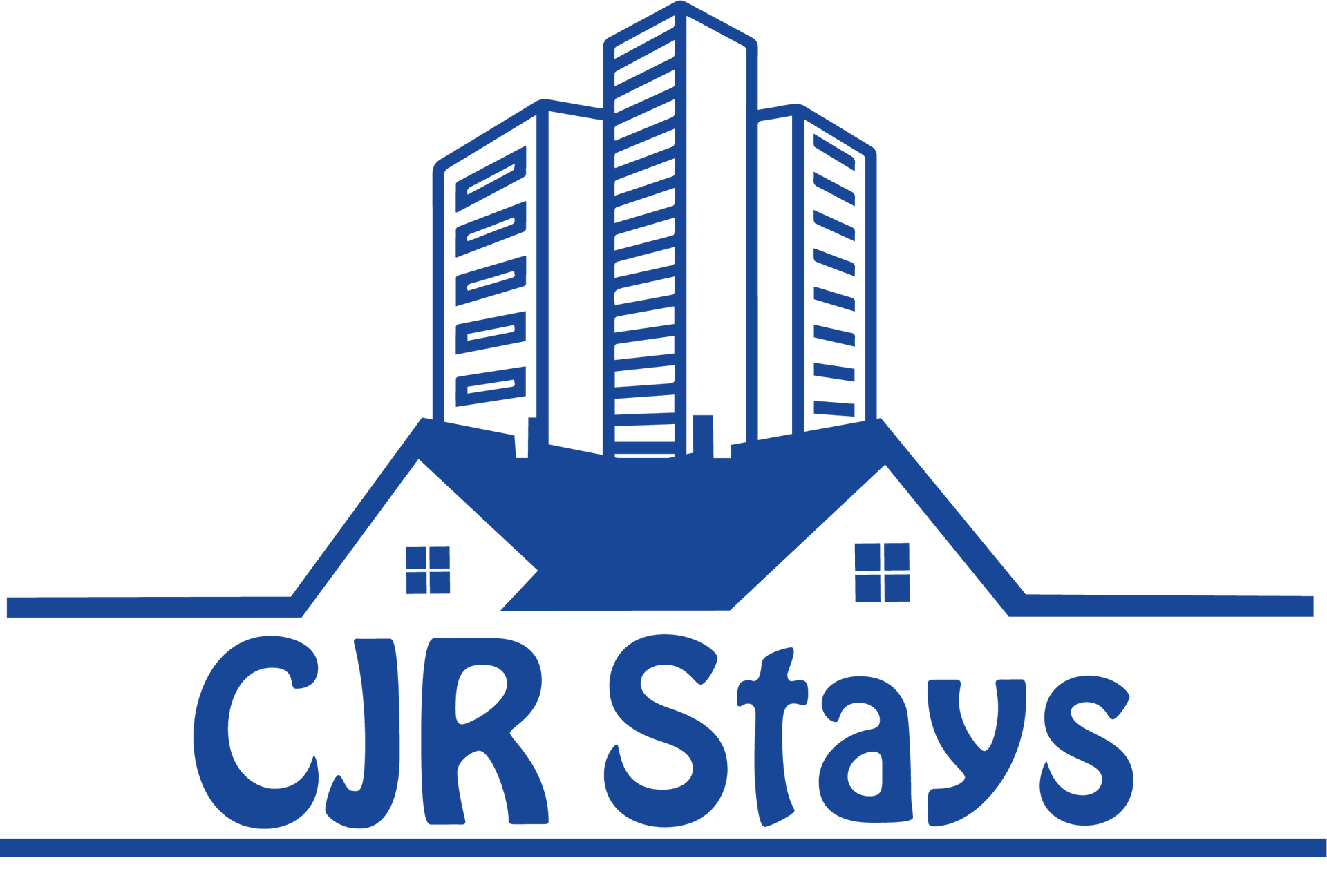 A blue logo featuring a stylized high-rise building atop a house roof with the text