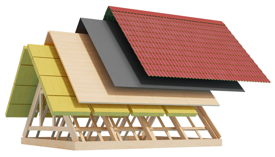 Toiture décomposée en plusieurs couches de matériaux.