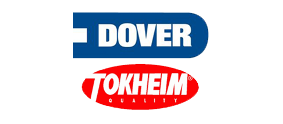Logos DOVER et TOKHEIM en bleu, blanc et rouge sur fond blanc