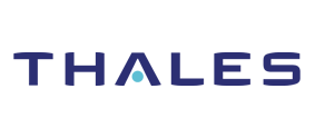 Logo Thales en bleu foncé avec un triangle turquoise dans le A sur fond blanc