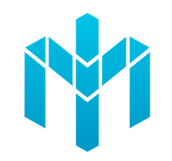 Logo géométrique bleu avec un M stylisé sur fond blanc