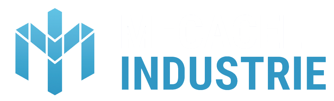 Logo géométrique bleu en forme de « M » avec le mot INDUSTRIE en lettres majuscules bleues.