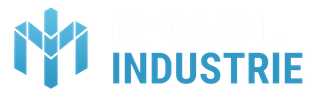 Logo géométrique bleu en forme de « M » avec le mot INDUSTRIE en lettres majuscules bleues.