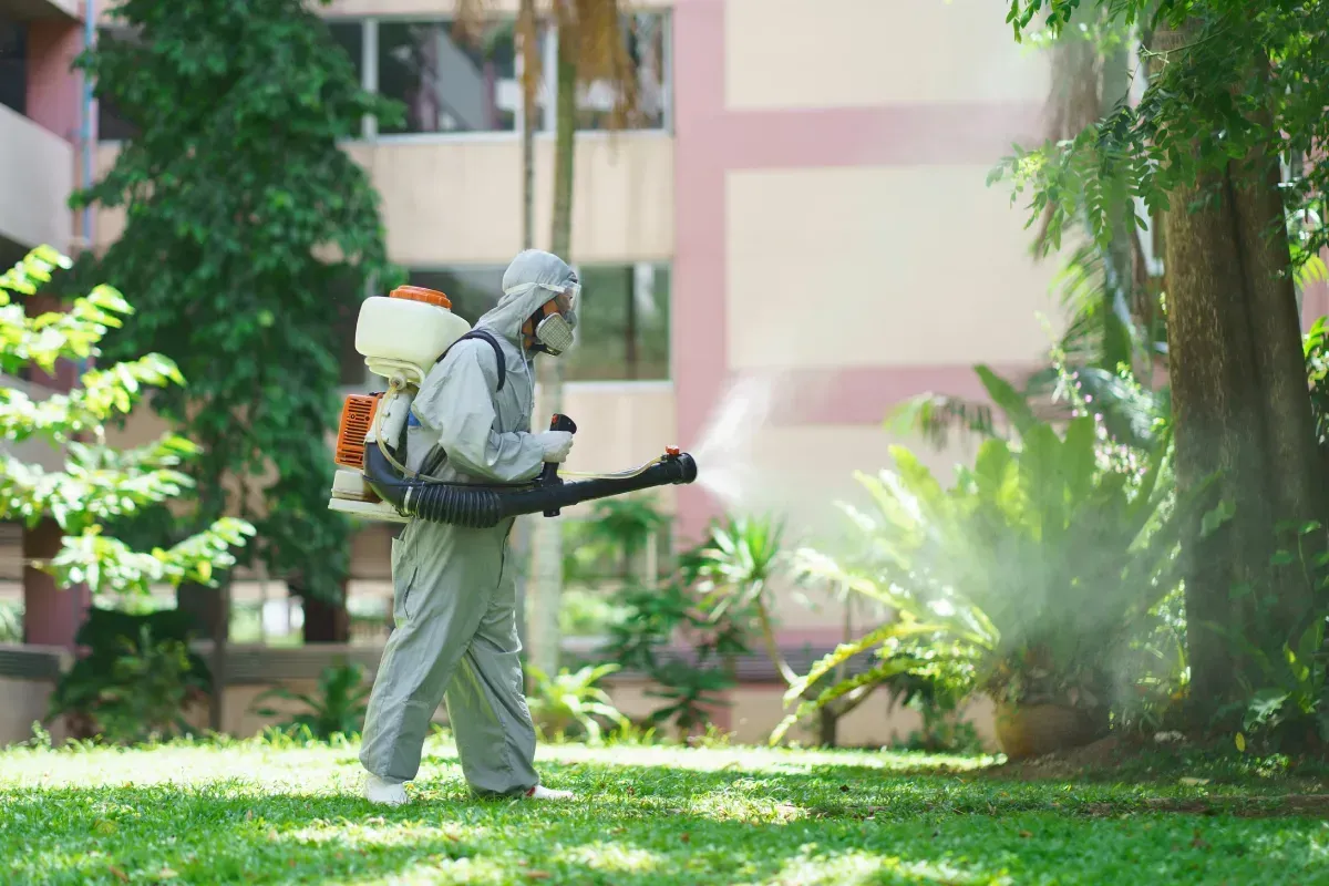 Persona con traje de materiales peligrosos rociando insecticida al aire libre.