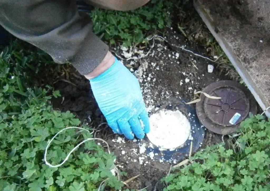 Una persona con guante azul inspecciona la abertura de una tubería con una pequeña tapa en una zona cubierta de césped.