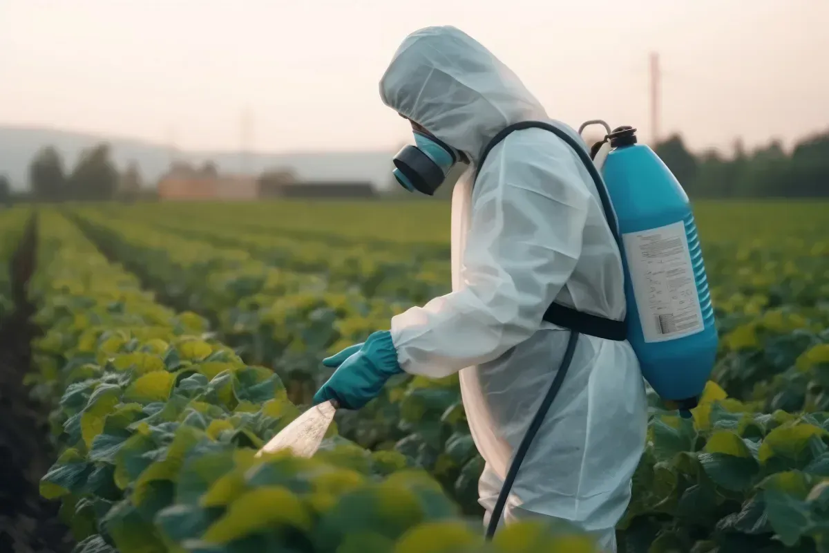 Persona con traje de protección rociando cultivos en un campo.