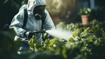 Persona con traje de materiales peligrosos rociando plantas en un jardín.