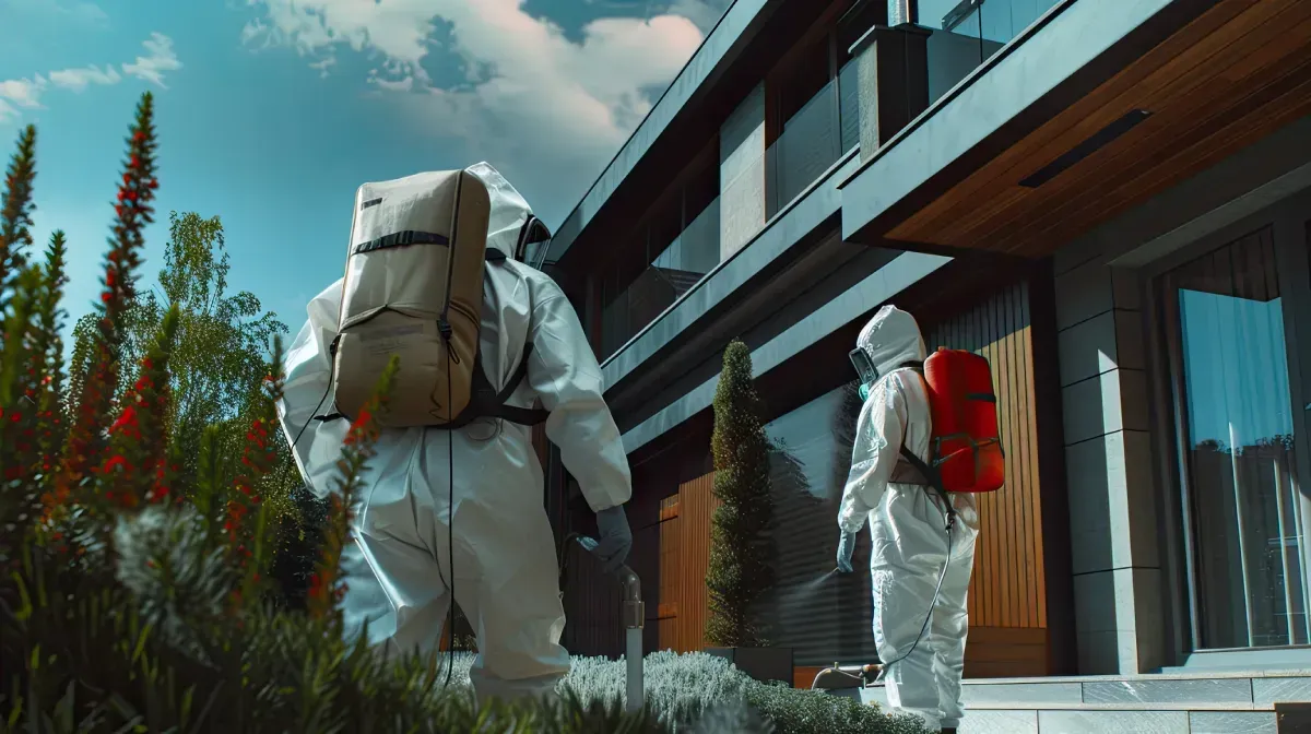 Dos personas con trajes de materiales peligrosos rociando el exterior de una casa.