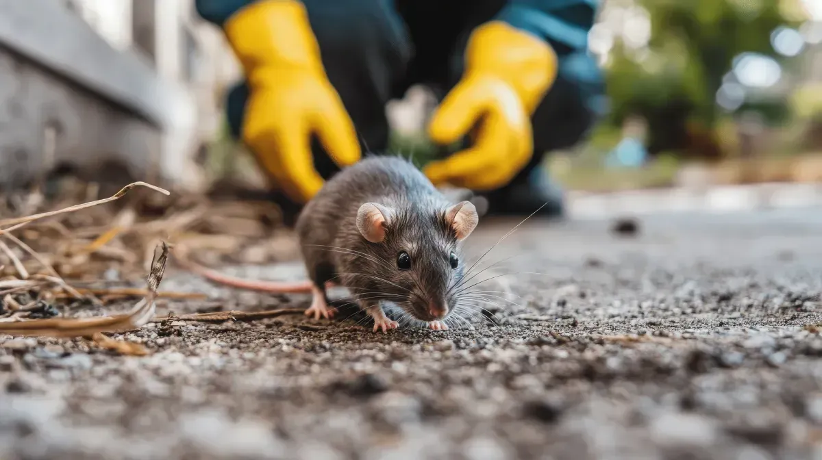 Una rata gris corretea sobre el hormigón agrietado; unas manos enguantadas se agazapan detrás.