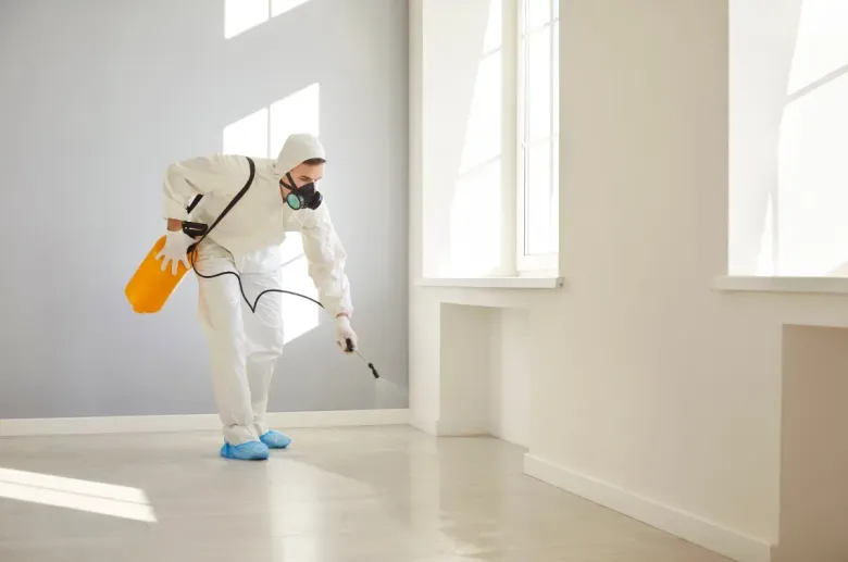 Persona con traje protector rociando una habitación; tanque amarillo, paredes blancas y luz solar brillante.