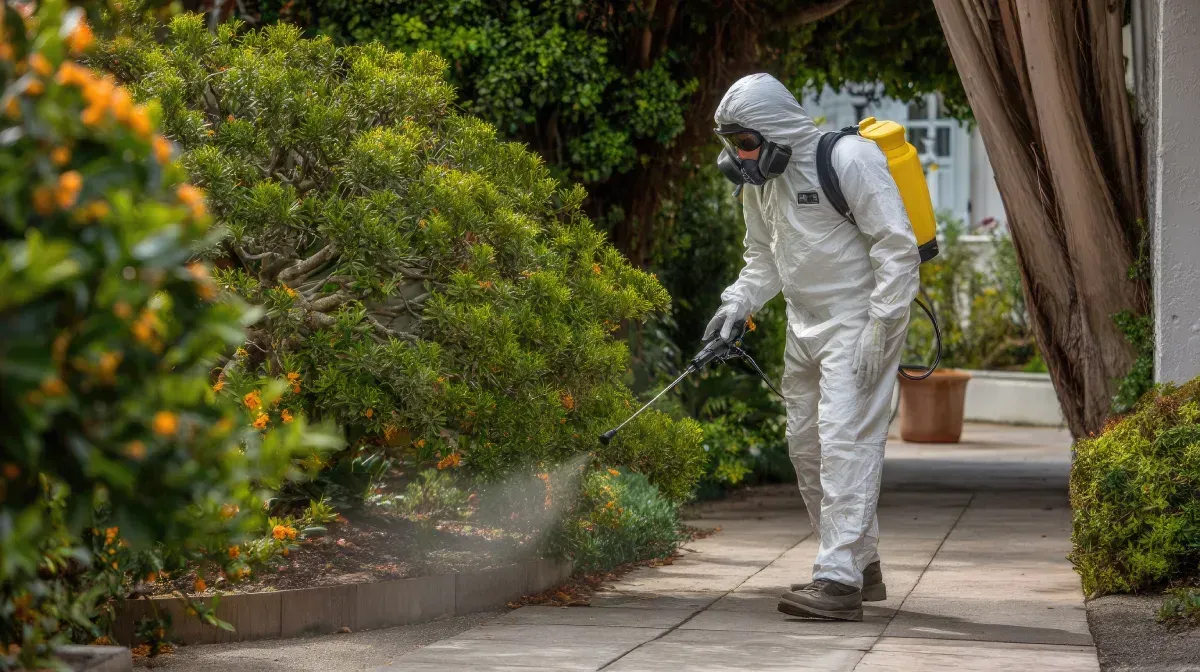 Persona con traje de protección rociando un pesticida sobre arbustos frente a un edificio.