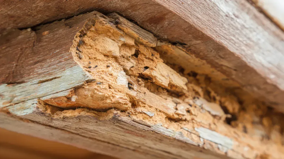 Viga de madera dañada con interior desmoronado de color canela.