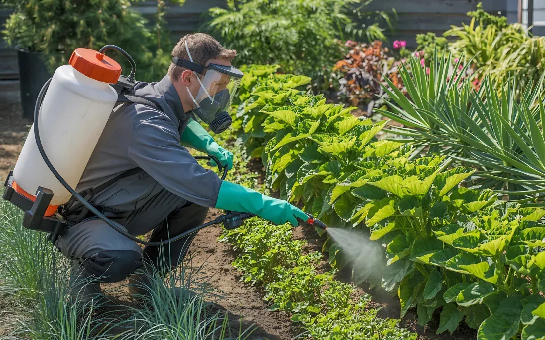 Hombre rociando pesticida sobre plantas, usando equipo de protección: máscara, gafas protectoras, guantes