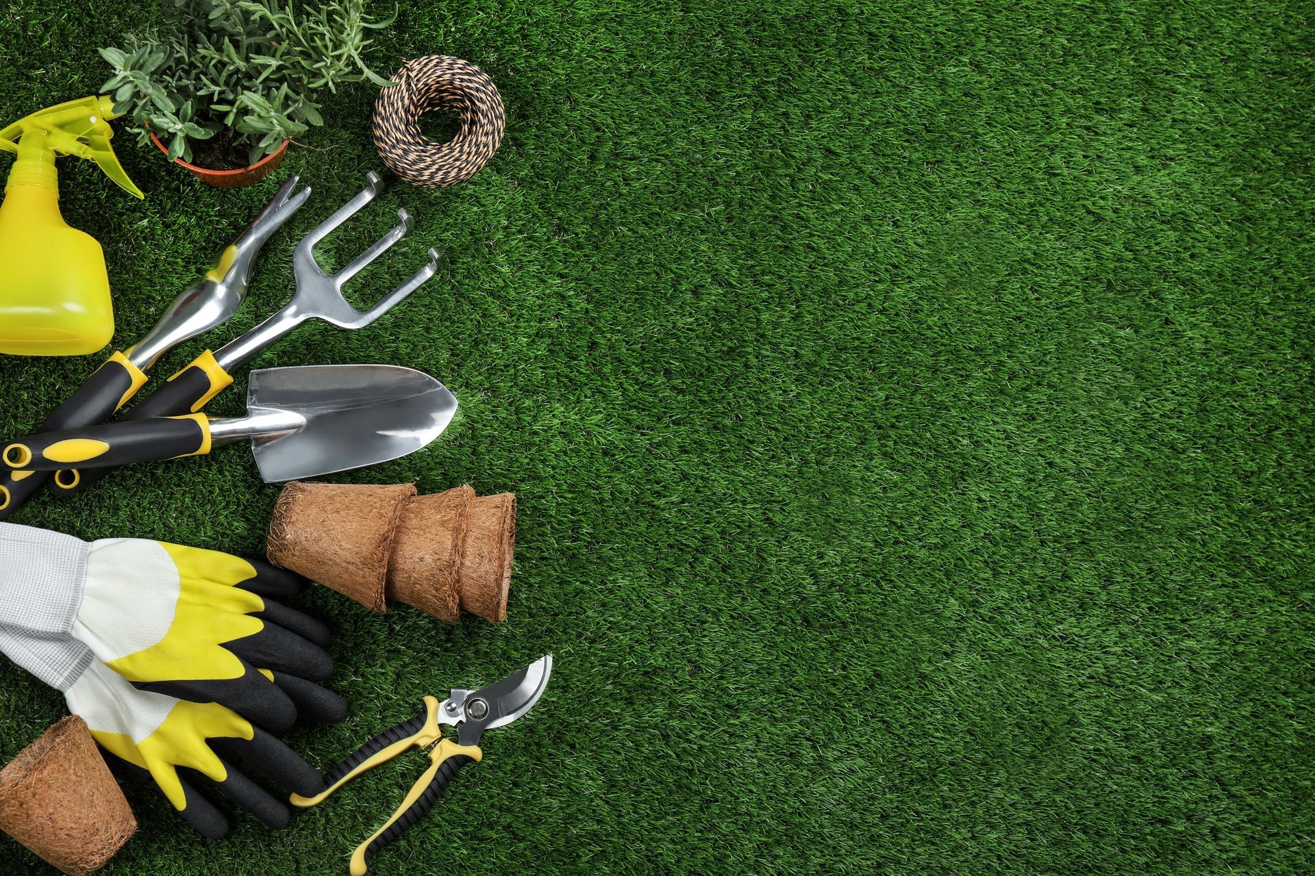 Outils et fournitures de jardinage sur herbe verte : gants, truelle, râteau, vaporisateur, plantes, pots.