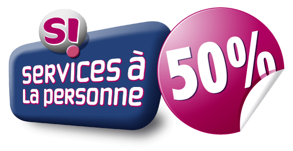 Services à la personne: 50% off, blue and pink logo.