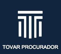 Ícono "T" estilizada de color blanco con barras horizontales, texto "TOVAR PROCURADOR" sobre fondo azul.