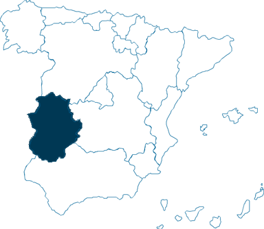 Mapa de España, resaltando la región de Extremadura en azul oscuro.