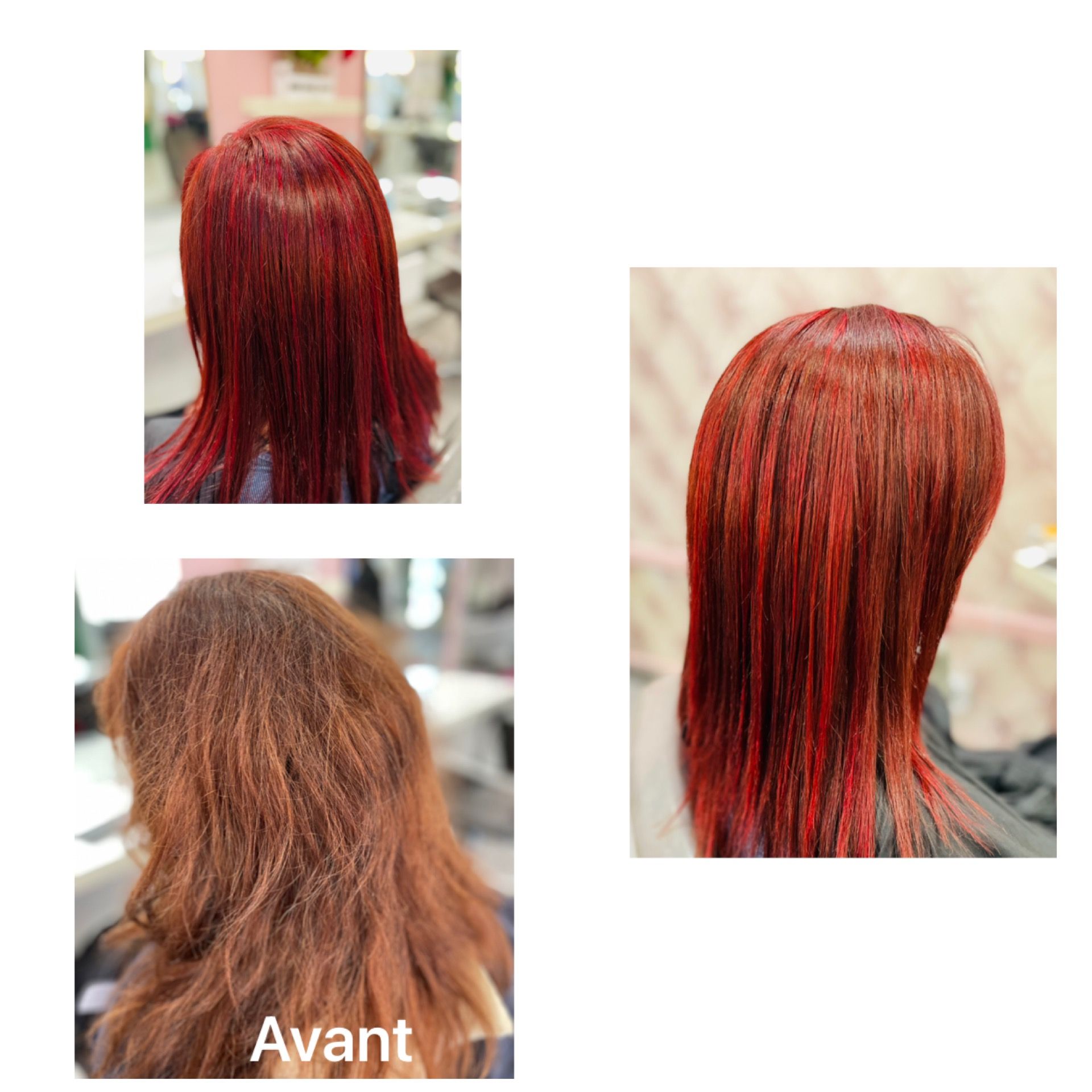 Un montage de 3 photos montrant chacune une femme de dos avec les cheveux rouges