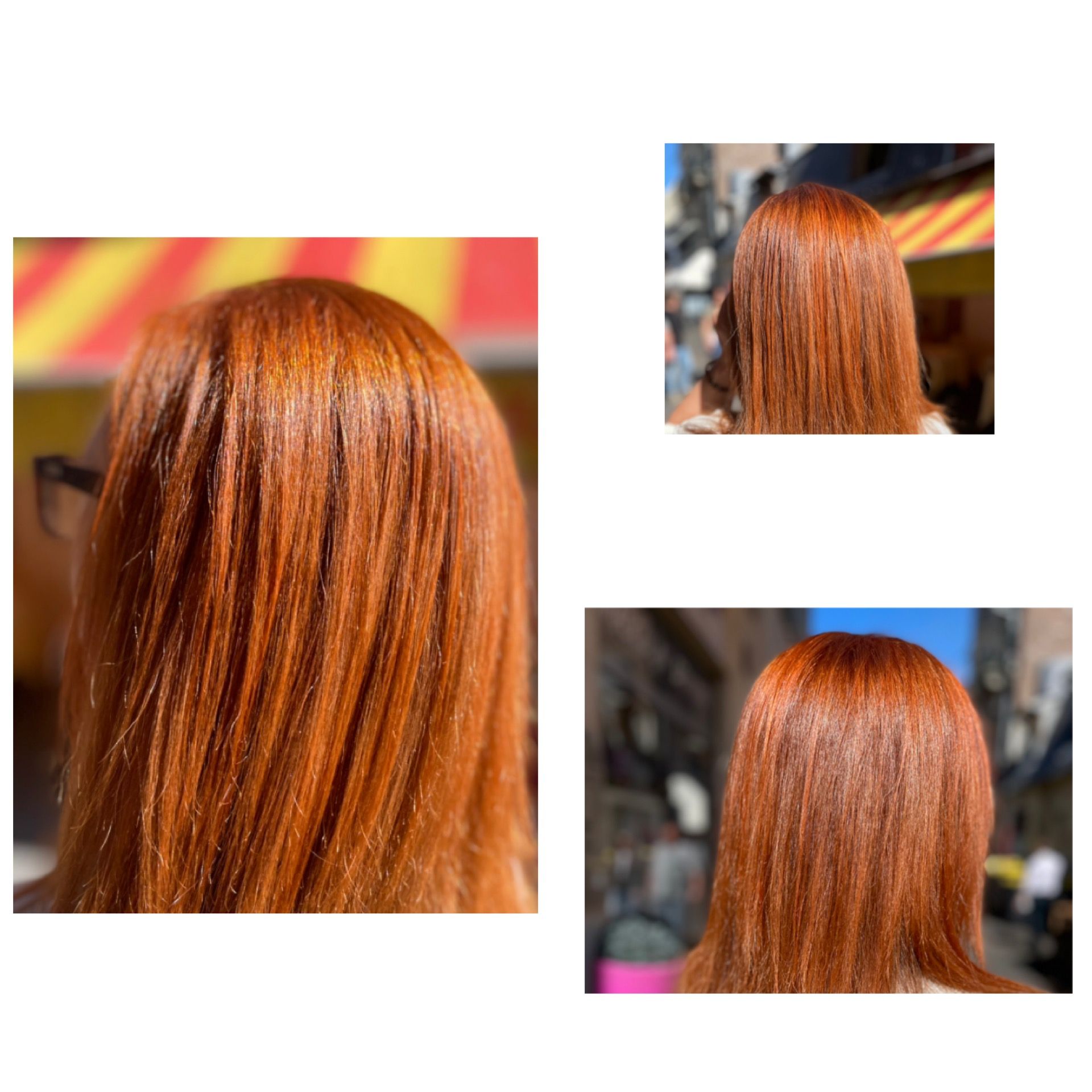 Un collage de 3 photos montrant chacune une femme aux cheveux lisses et roux de dos