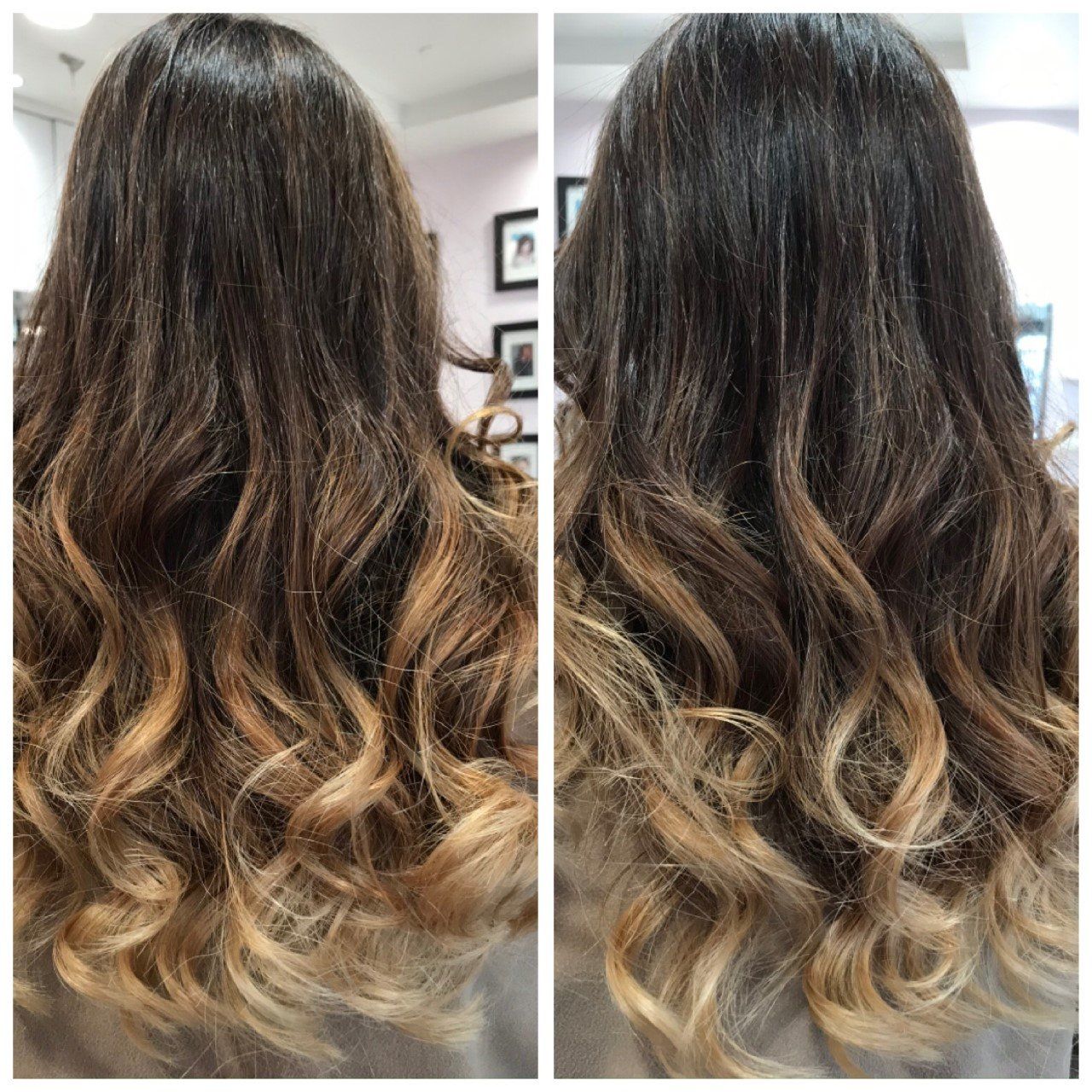 Un collage de 2 photos montrant une longue chevelure ondulés vue de dos