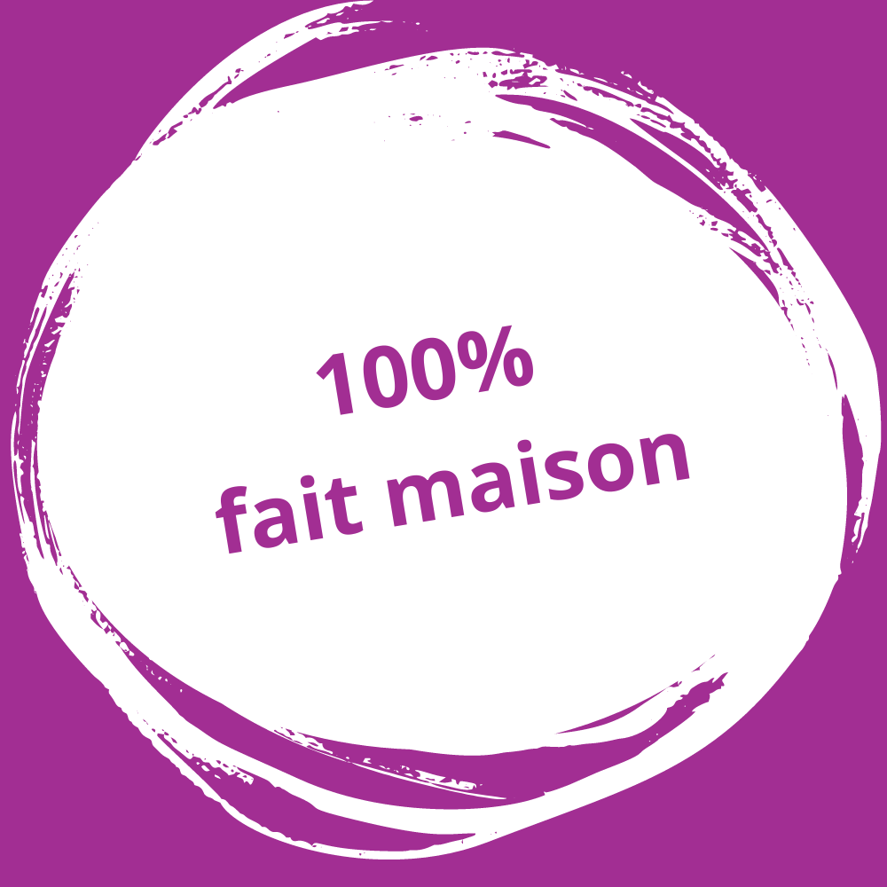 Un fond violet avec un cercle blanc qui dit 100 % fait maison