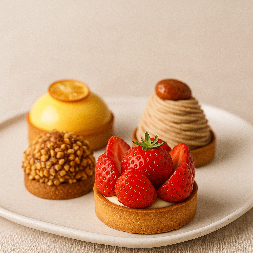 Une pâtisserie aux figues et aux cerises sur une assiette blanche