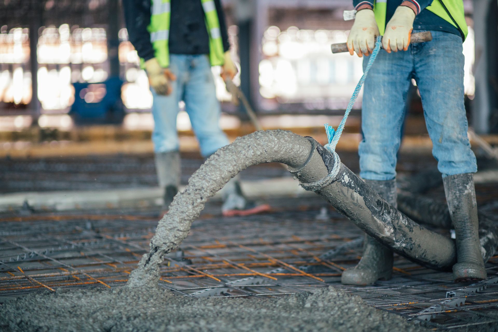 Ouvrier utilisant un tuyau d'arrosage pour couler du béton sur un chantier de construction.