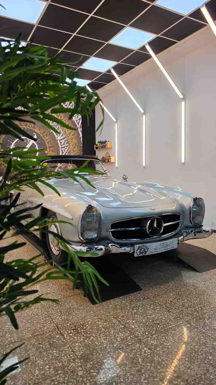 Mercedes-Benz plateado en una moderna sala de exposición con grandes ventanales y plantas en macetas.