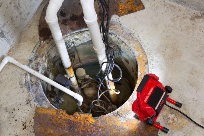 Una luz roja está al lado de una bomba de sumidero en un sótano.