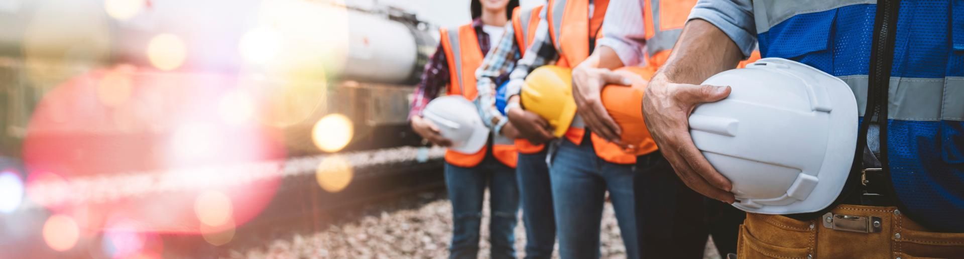 Eine Gruppe von Bauarbeitern steht mit Schutzhelmen in einer Reihe.
