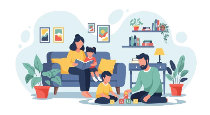 Une famille lit sur un canapé tandis que le père joue avec un enfant dans le salon ; illustrations colorées.