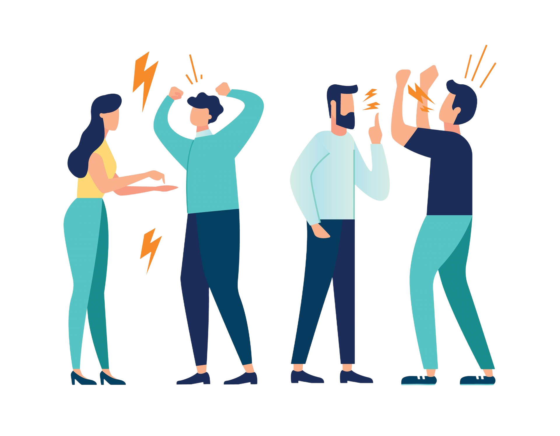 Quatre personnes en conflit, des éclairs, des mains levées, des expressions de colère.