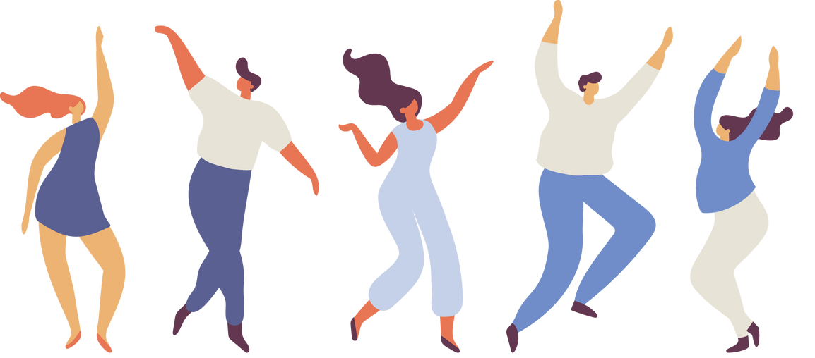 Cinq personnes dans des poses variées, dansant et célébrant.