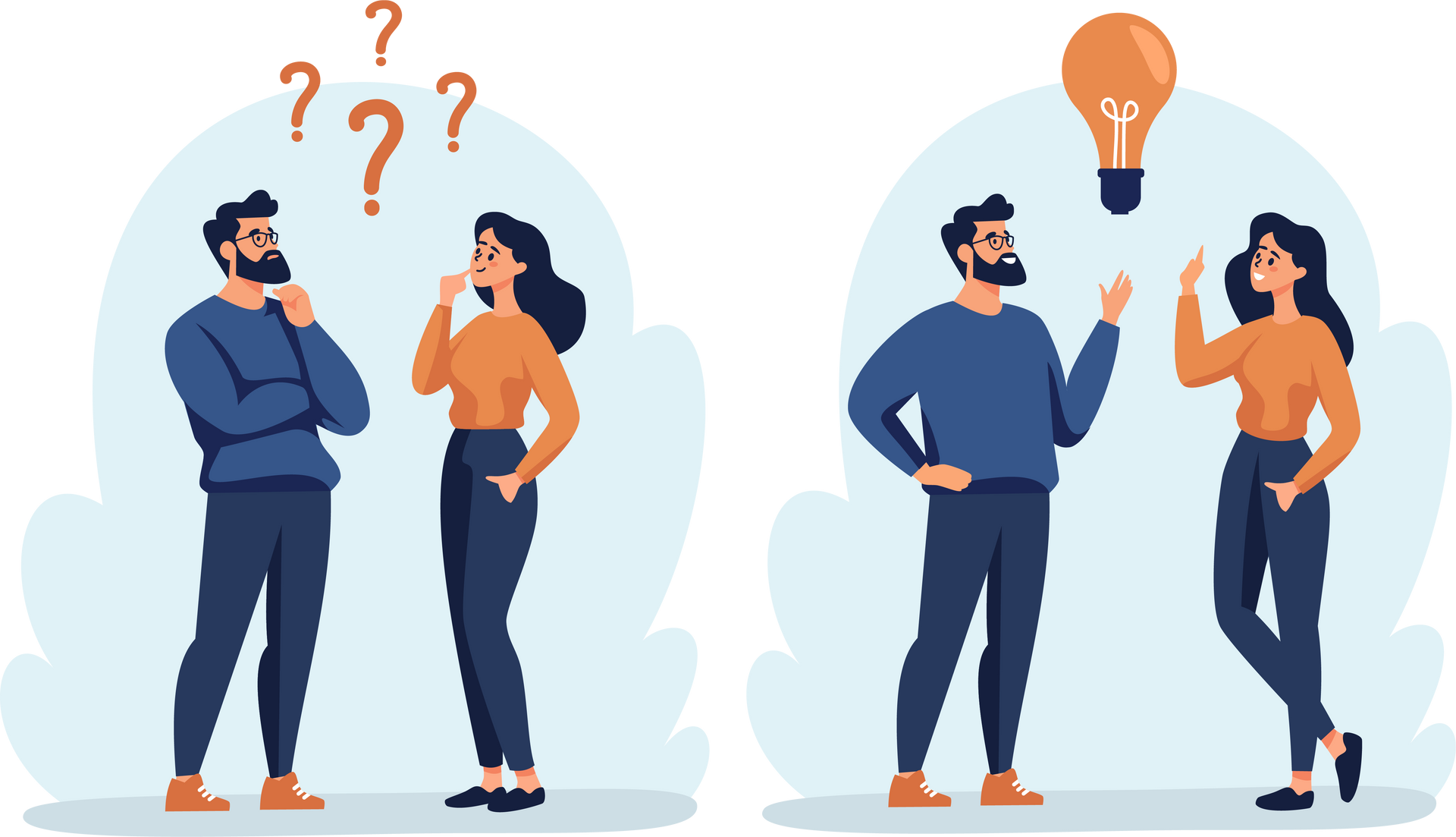Un homme et une femme avec des points d'interrogation ; puis, une ampoule symbolisant une idée.